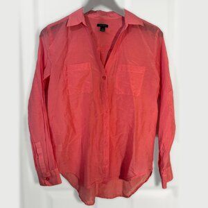 Ann Taylor Women's 100% Silk Pink Long Sleeve Collared Button Up